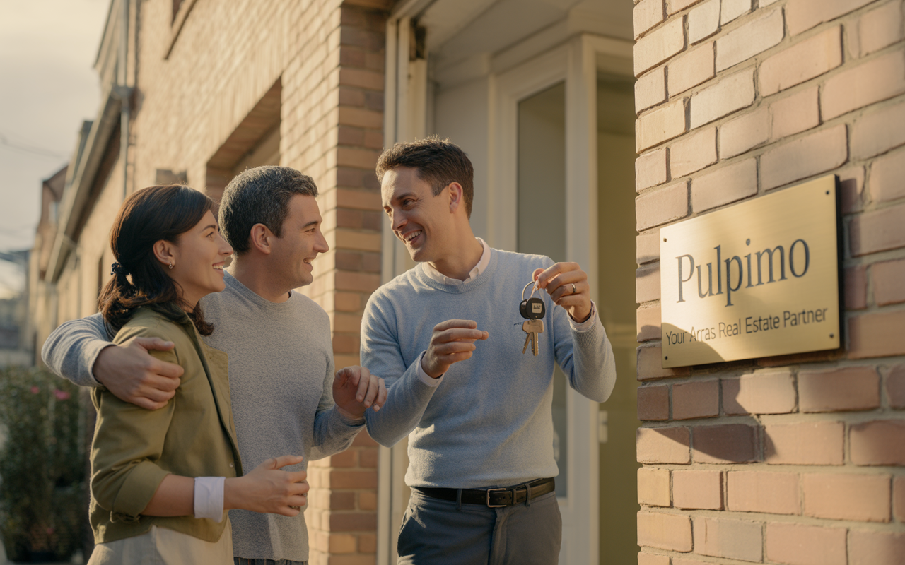 Un homme souriant remet des clés à un couple heureux devant une maison. Plaque signalétique « Pulpimo » visible.