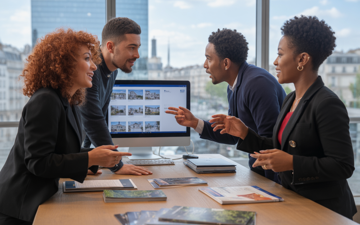 Quatre professionnels discutent autour d'une table, avec un ordinateur et des brochures, dans un bureau lumineux et moderne.