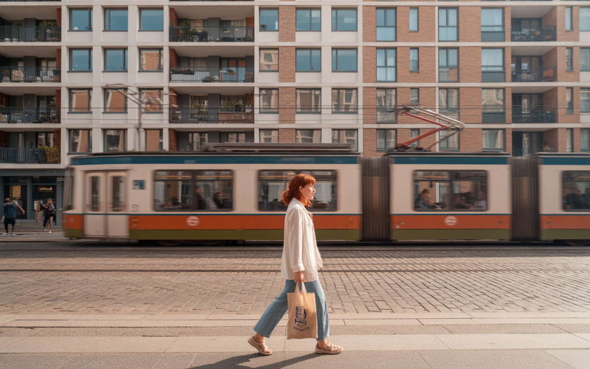 Une femme marche avec un sac, un tramway flou passe à côté, devant des appartements modernes en briques.