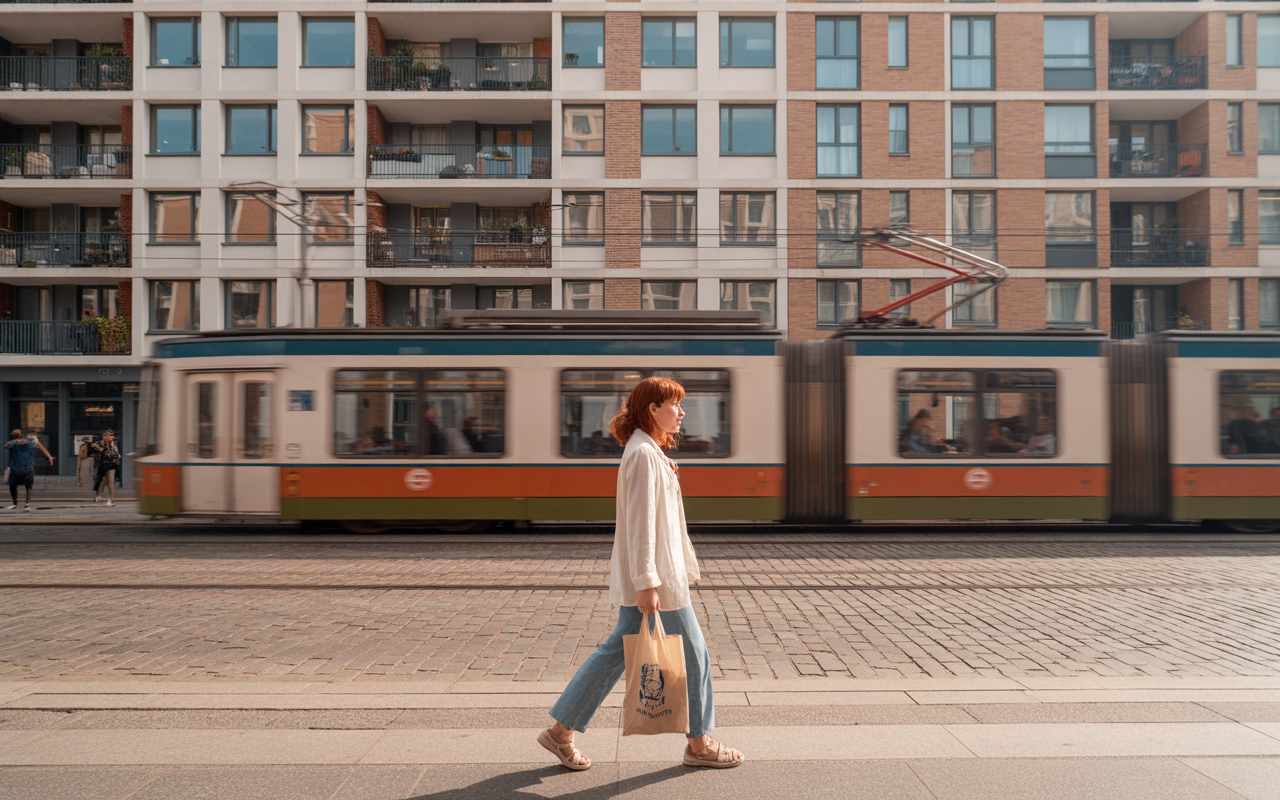 Une femme marche avec un sac, un tramway flou passe à côté, devant des appartements modernes en briques.