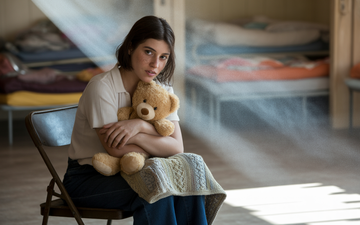 Jeune fille assise sur une chaise, tenant un ours en peluche, dans une pièce lumineuse avec des lits en arrière-plan.