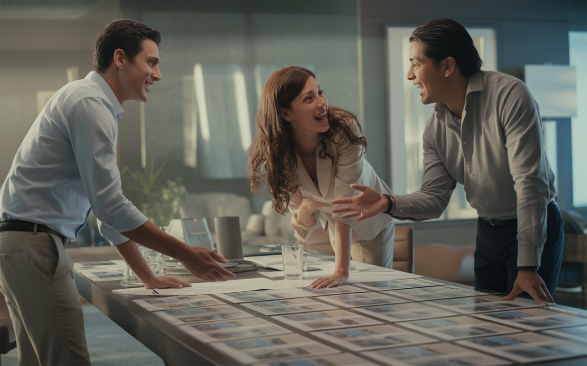 Trois professionnels discutent autour d'une table, examinant des documents avec enthousiasme dans un bureau moderne et lumineux.
