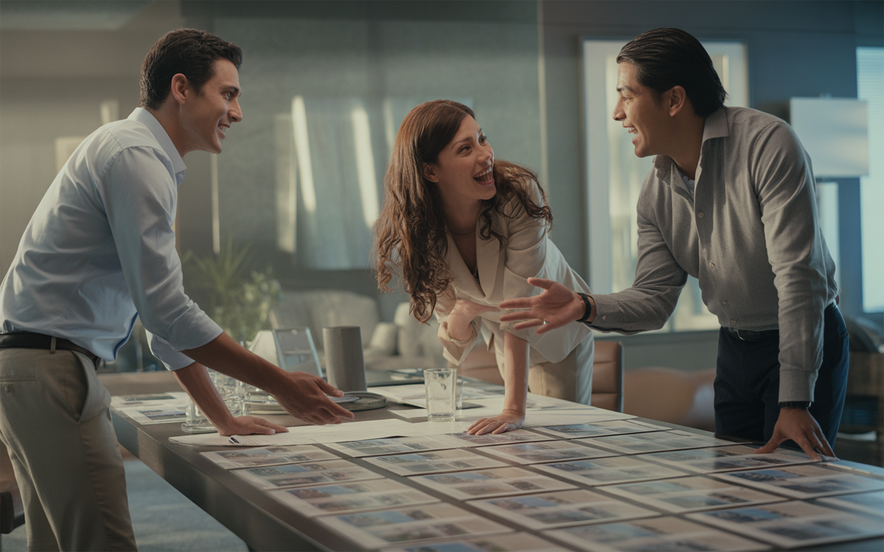 Trois professionnels discutent autour d'une table, examinant des documents avec enthousiasme dans un bureau moderne et lumineux.