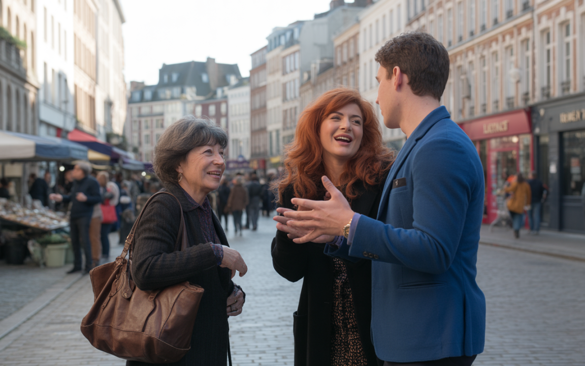 Trois personnes discutent joyeusement dans une rue animée, entourées de boutiques et de stands de marché.