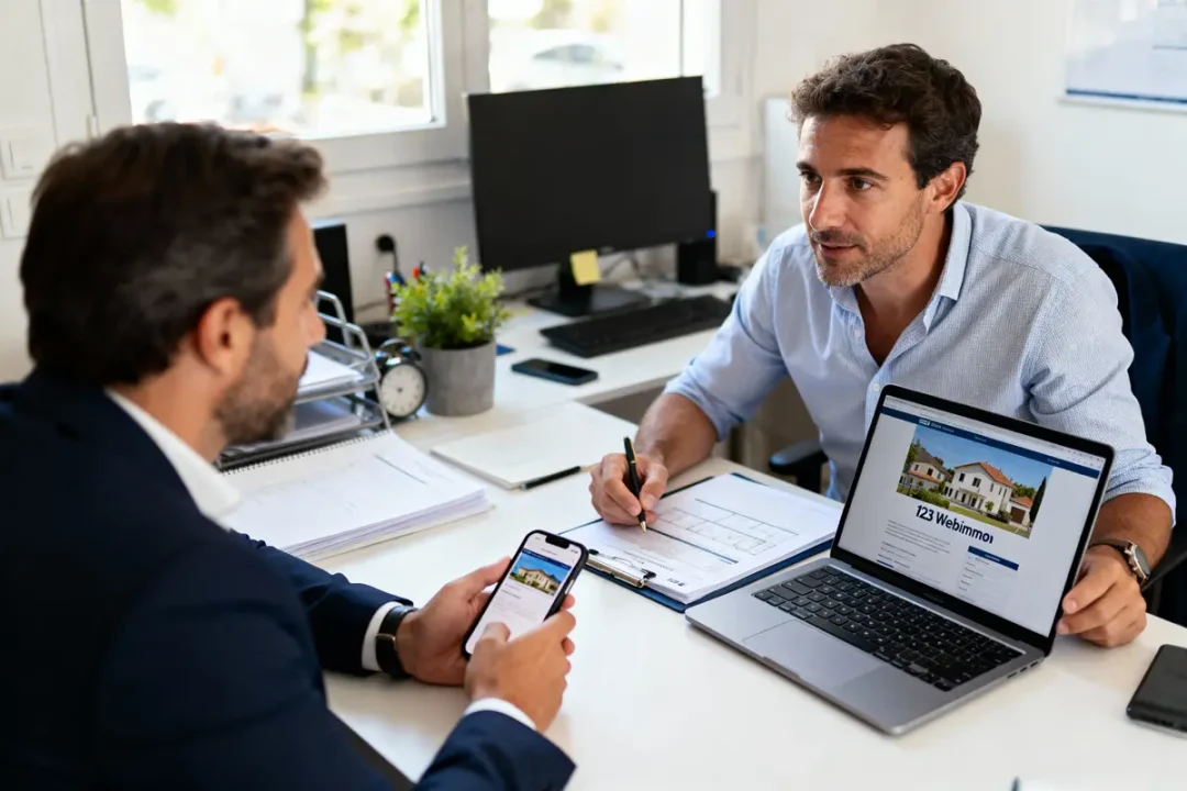 Deux hommes discutent immobilier, utilisant un ordinateur portable et un téléphone avec site internet de maisons.