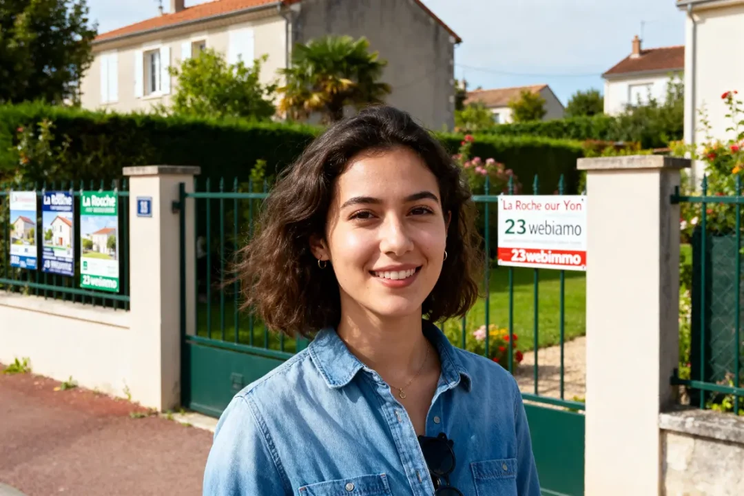 Jeune femme souriante devant une maison avec des affiches immobilières et portail vert foncé, ensoleillé.