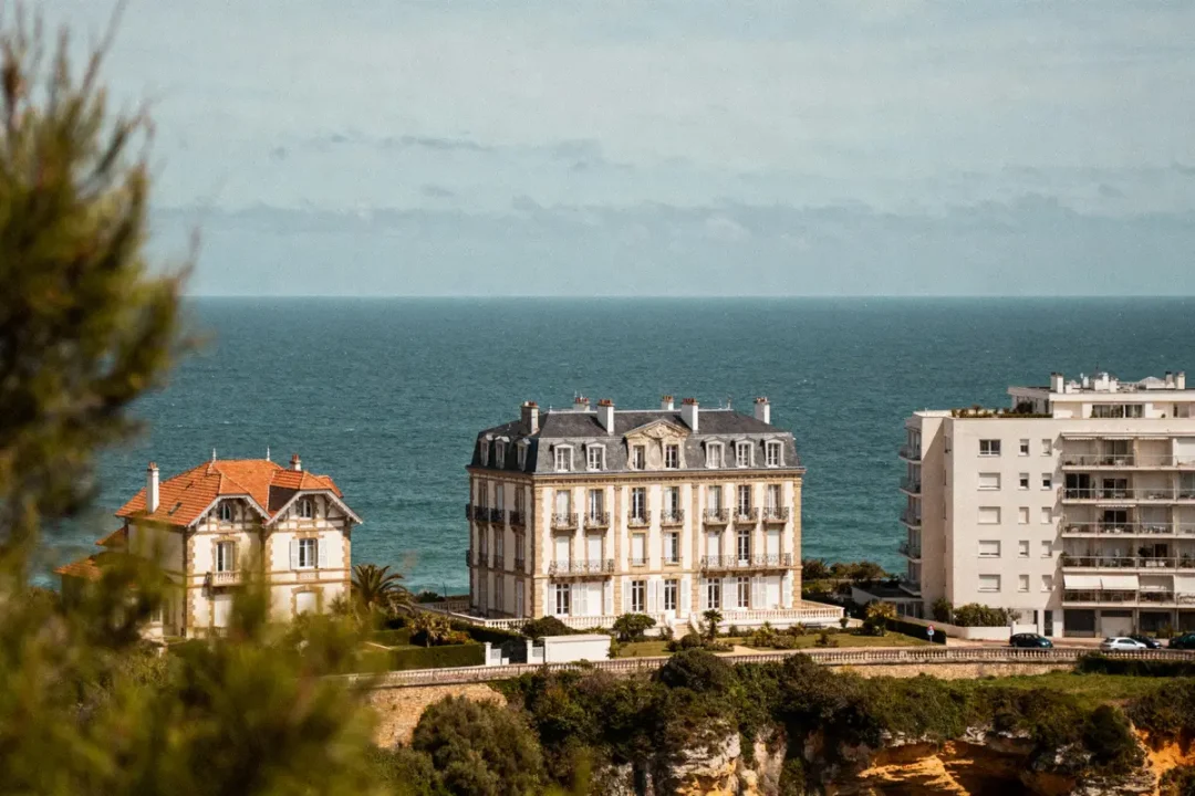 Vue sur des bâtiments en bord de mer avec falaises et végétation au premier plan.