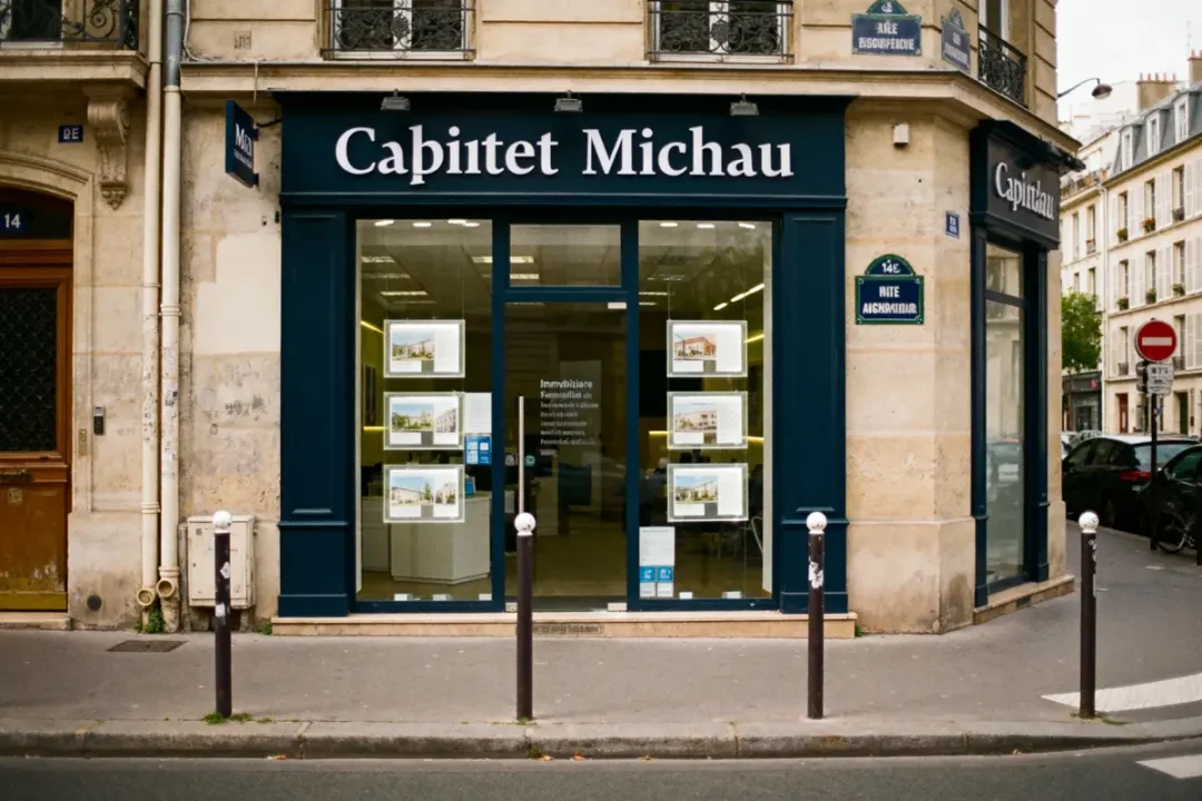 Façade d'une agence immobilière avec vitrines, panneaux publicitaires visibles. Rue en arrière-plan.
