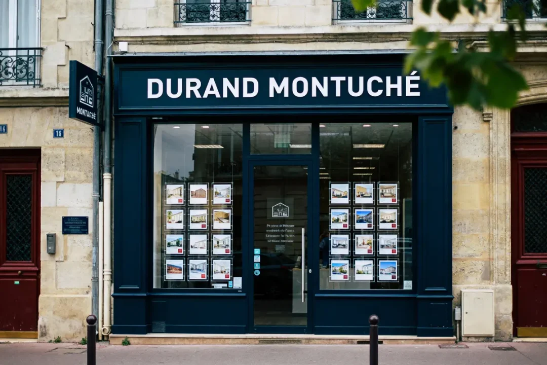 Façade d'une agence immobilière avec affiches de propriétés en vitrine, enseigne "Durand Montuché".