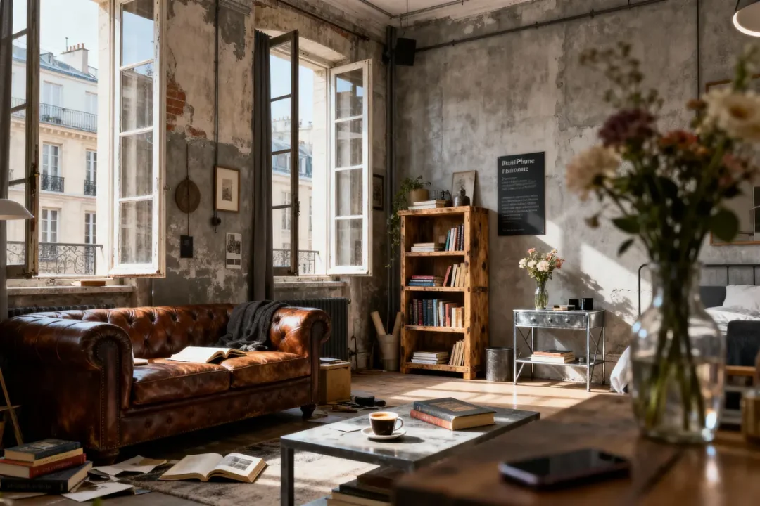 Salon au décor industriel avec canapé en cuir, bibliothèque, livres, fleurs, fenêtres ouvertes et lumière naturelle.