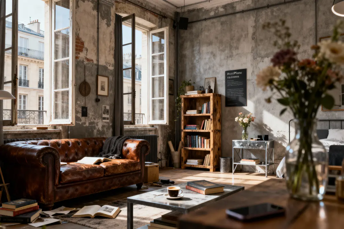 Salon au décor industriel avec canapé en cuir, bibliothèque, livres, fleurs, fenêtres ouvertes et lumière naturelle.