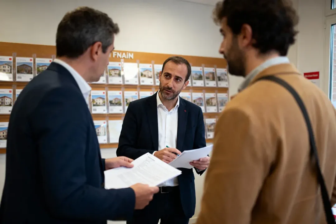 Trois hommes discutent dans une agence immobilière, papiers en main, devant un mur d'annonces de biens.