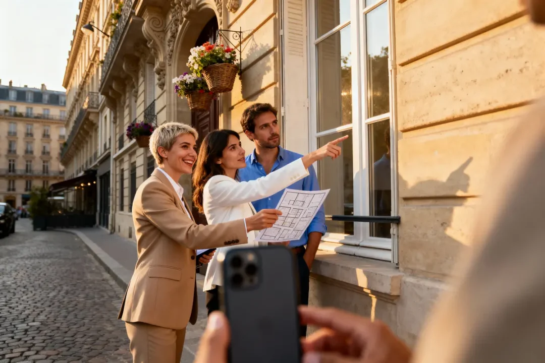 Trois personnes discutant joyeusement, plans architecturaux à la main, devant un immeuble parisien ensoleillé.