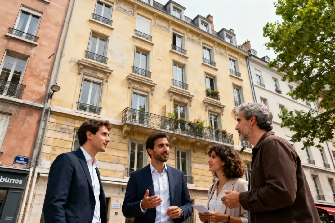 Quatre personnes discutent devant un immeuble haussmannien, avec arbres en arrière-plan, journée ensoleillée.