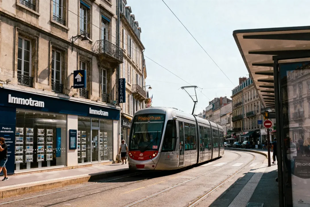 Tram circulant dans une rue bordée de bâtiments historiques, passant devant une agence immobilière ImmoTram.