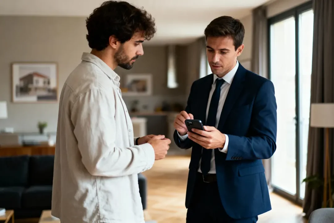 Deux hommes discutent, regardant un téléphone portable dans un salon moderne et lumineux.