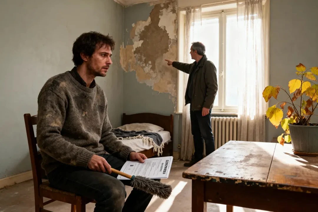 Deux hommes dans une pièce délabrée, l'un assis avec document, l'autre debout pointant mur abîmé.