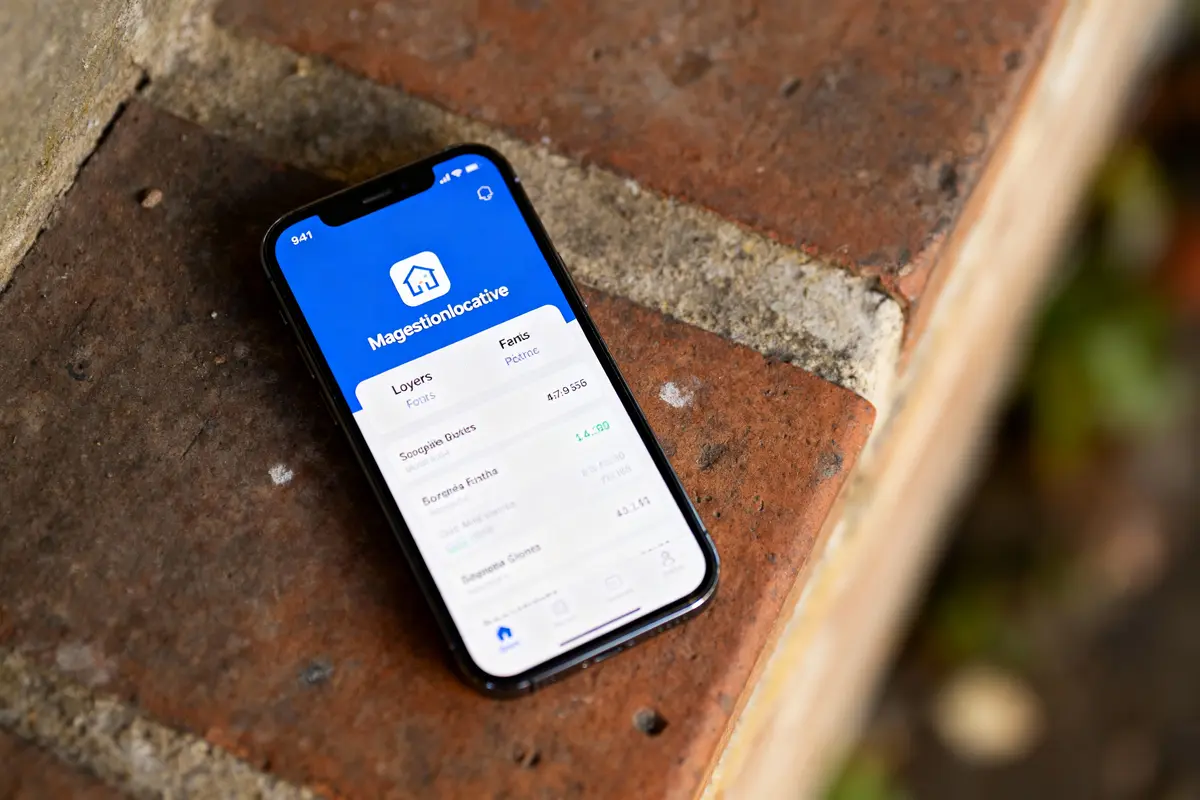 Smartphone affichant l'application "Magestionlocative" sur un écran, posé sur une surface en briques.