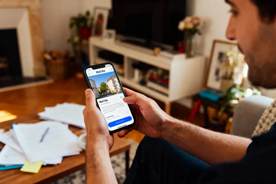 Homme tenant un téléphone affichant l'application MyCita, intérieur confortable en arrière-plan.