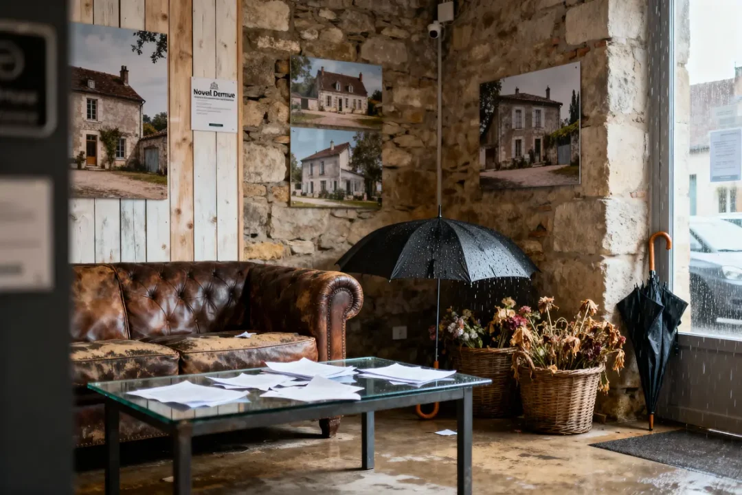 Salon rustique avec canapé cuir, parapluies, tableaux muraux, panier de fleurs séchées, murs en pierre.