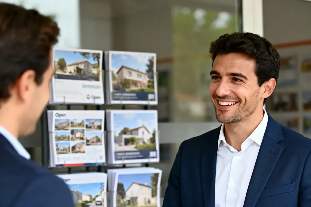 Deux hommes discutant devant des annonces immobilières en vitrine, l'un souriant en costume.