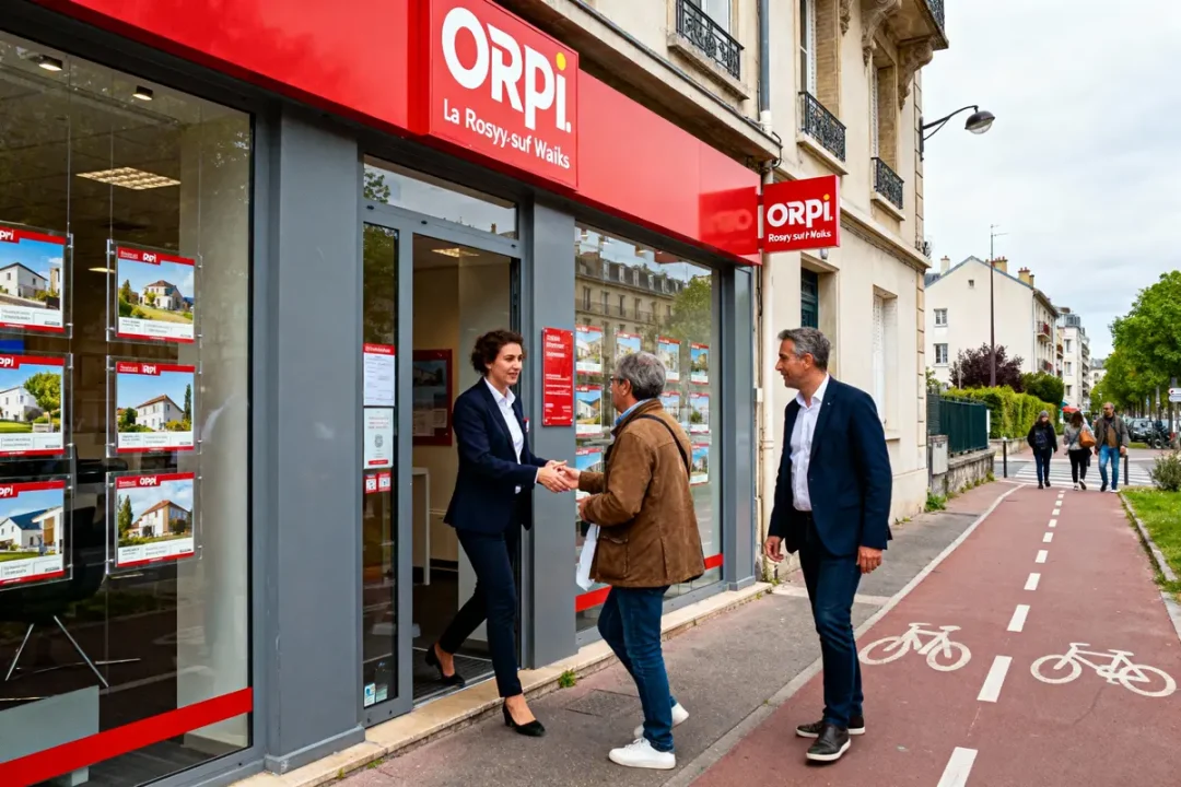 Agence immobilière ORPI, trois personnes se rencontrent à l'entrée, piste cyclable, affiches immobilières en vitrine.