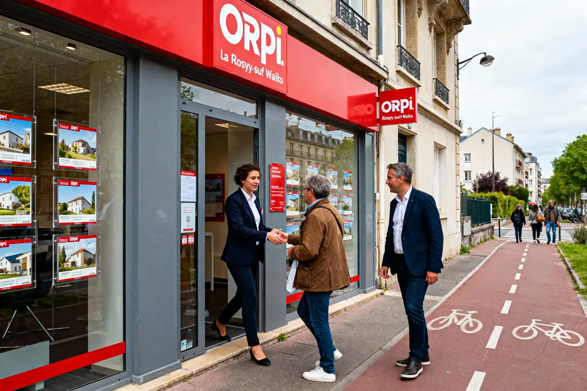Agence immobilière ORPI, trois personnes se rencontrent à l'entrée, piste cyclable, affiches immobilières en vitrine.