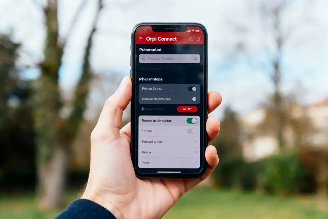 Main tenant un smartphone affichant l'application "Orpi Connect" avec des paramètres visibles, extérieur flou en arrière-plan.