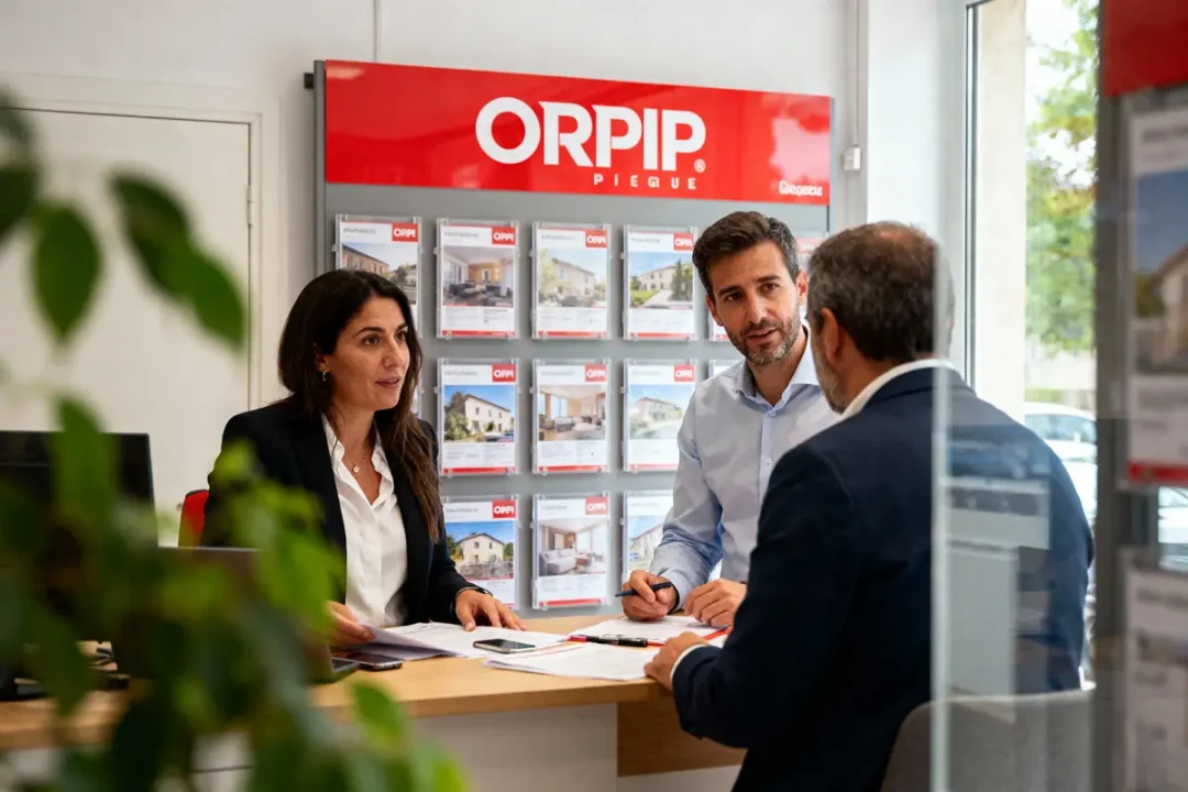 Trois personnes discutent à un bureau immobilier avec affiches de propriétés, logo "ORPI". Scène professionnelle.