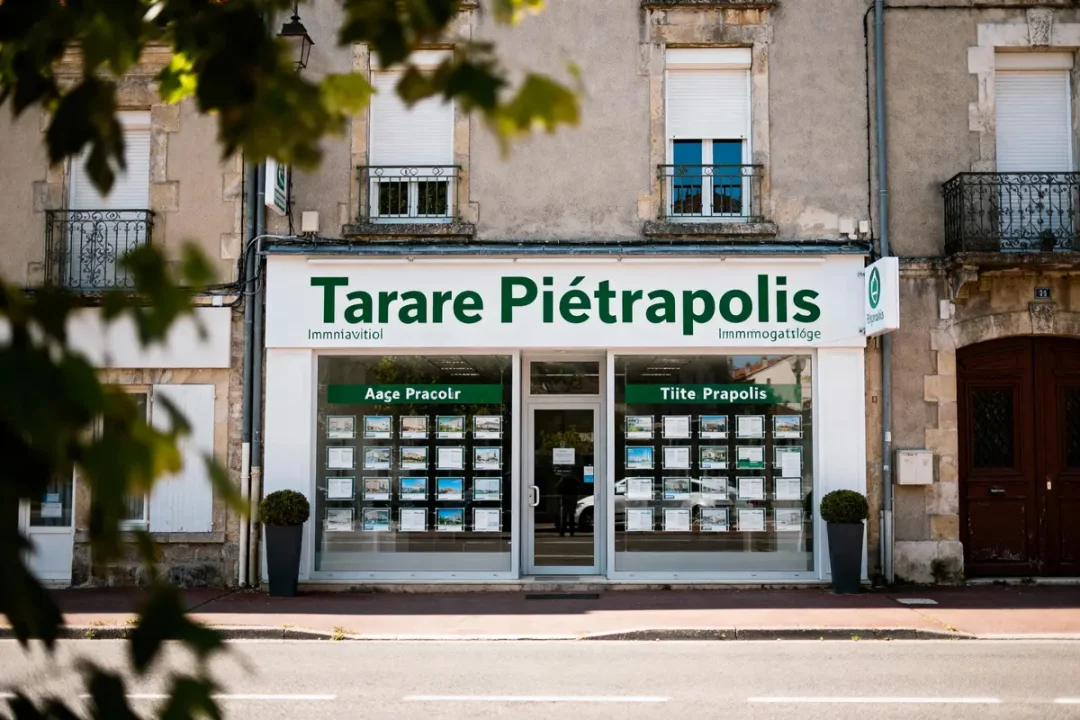 Façade d'une agence immobilière "Tarare Piétrapolis" avec affiches dans vitrine, rue bordée d'arbres.