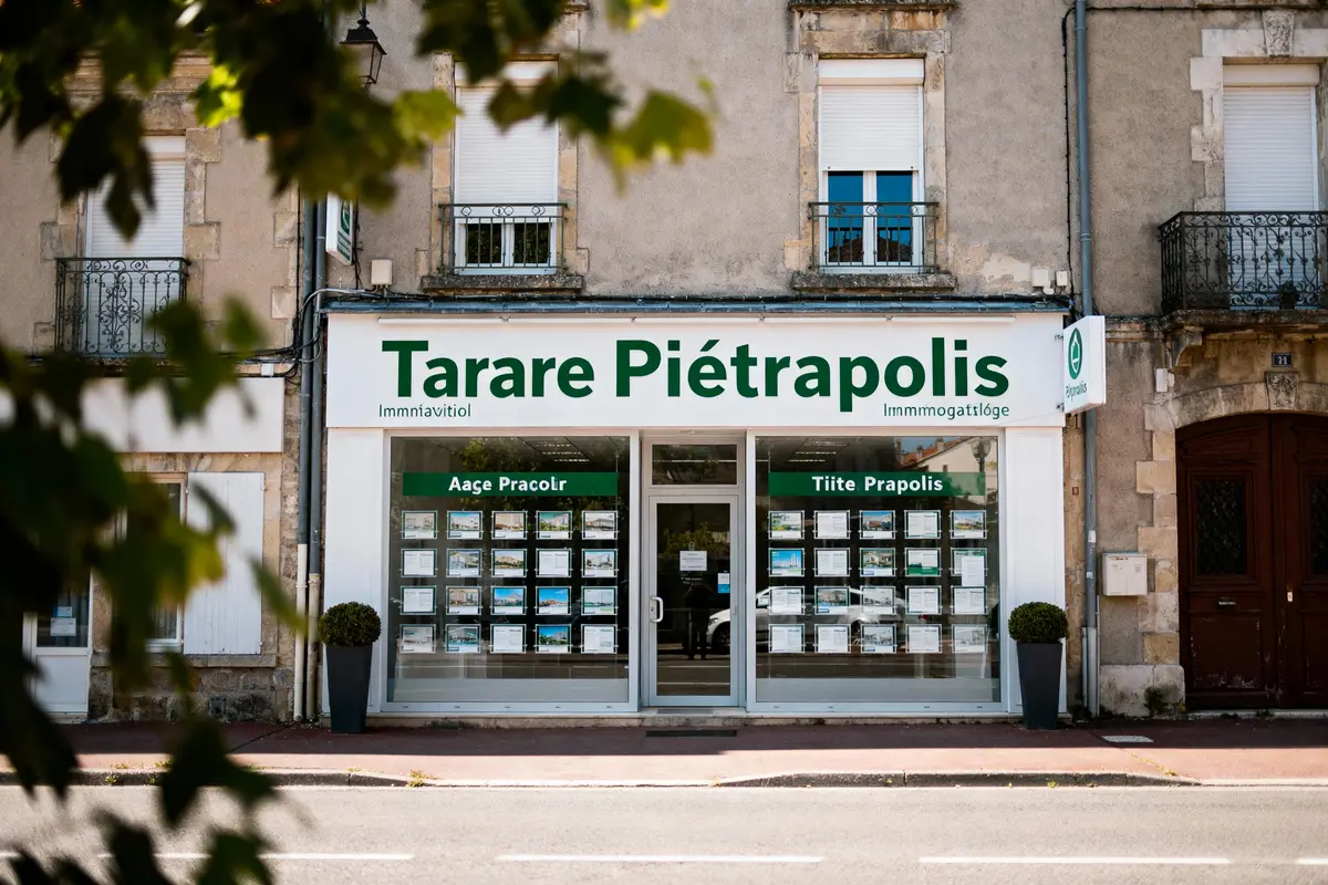 Façade d'une agence immobilière "Tarare Piétrapolis" avec affiches dans vitrine, rue bordée d'arbres.