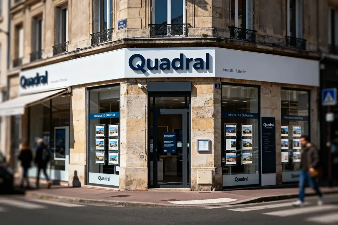 Agence immobilière à l'angle de la rue, enseigne "Quadral", affiches de biens immobiliers en vitrine.