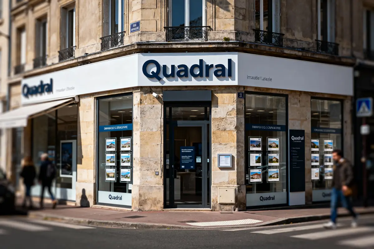 Agence immobilière à l'angle de la rue, enseigne "Quadral", affiches de biens immobiliers en vitrine.