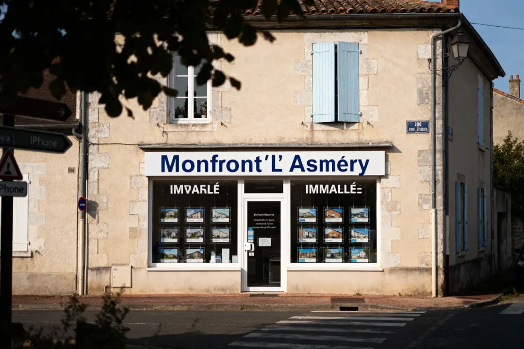 Façade d'une agence immobilière "Monfront'L Asméry" avec vitrines et panneaux d'affichage à l'extérieur.