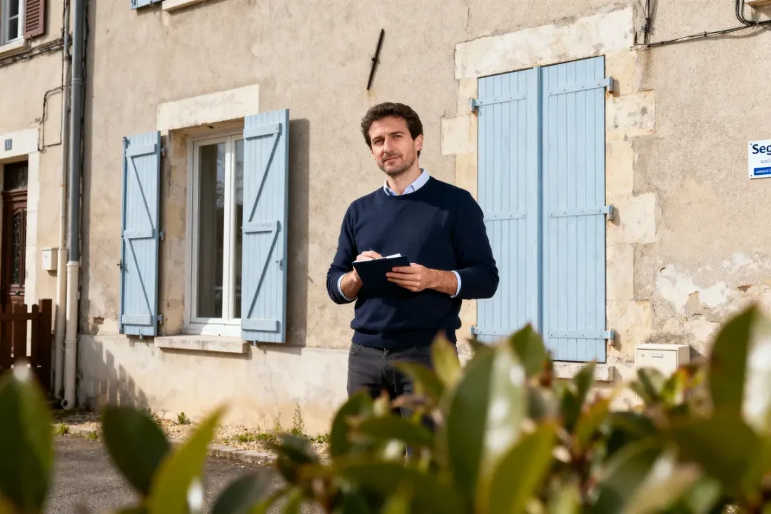 Homme tenant un carnet devant maison avec volets bleus, buissons au premier plan.