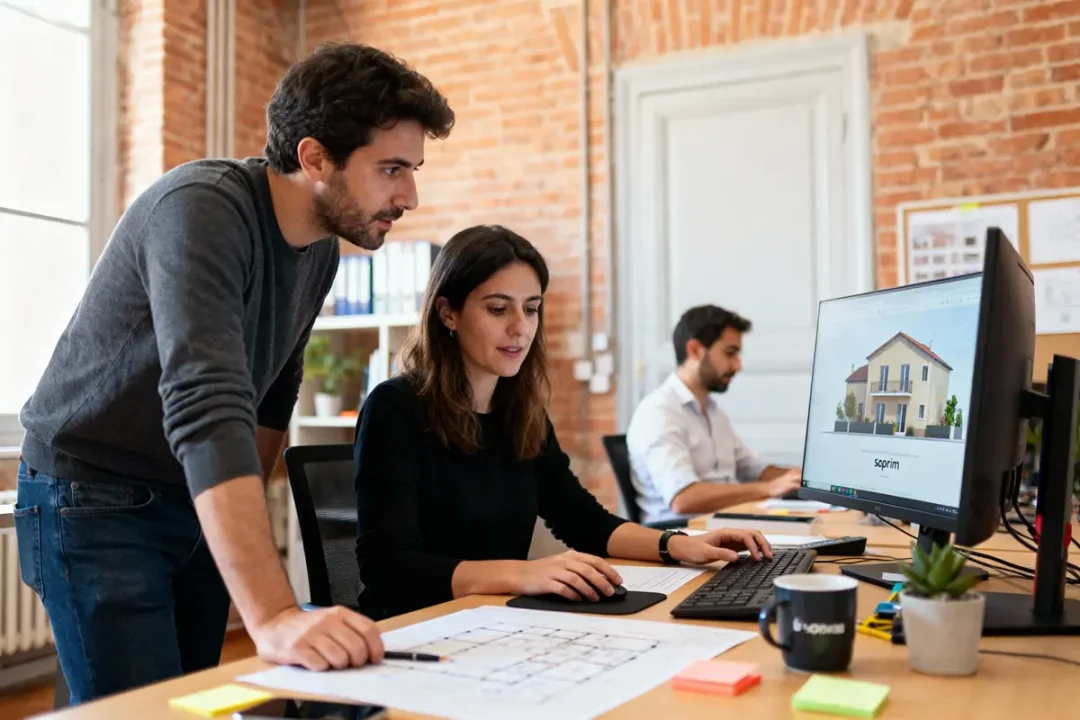 Deux personnes travaillent sur un projet architectural à l'ordinateur, bureau avec plans et décor en briques.