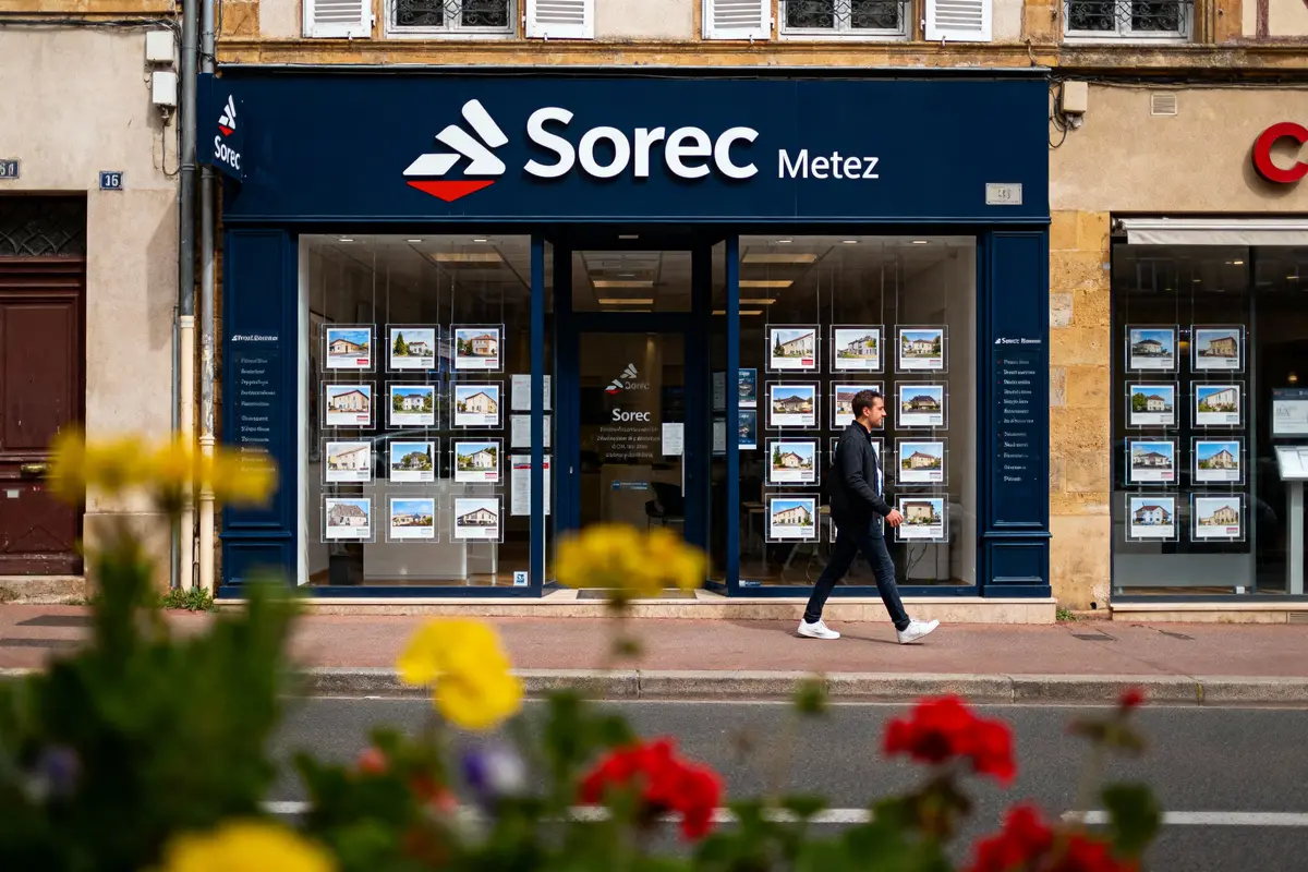 Façade d'agence immobilière Sorec Metz avec vitrine et personne marchant devant, fleurs floues au premier plan.