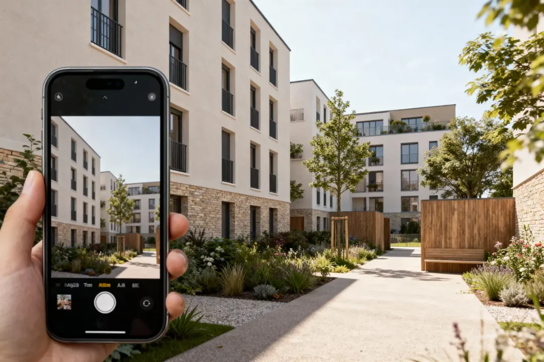 Un smartphone photographie un immeuble résidentiel moderne entouré de végétation et arbres, sous un ciel clair.