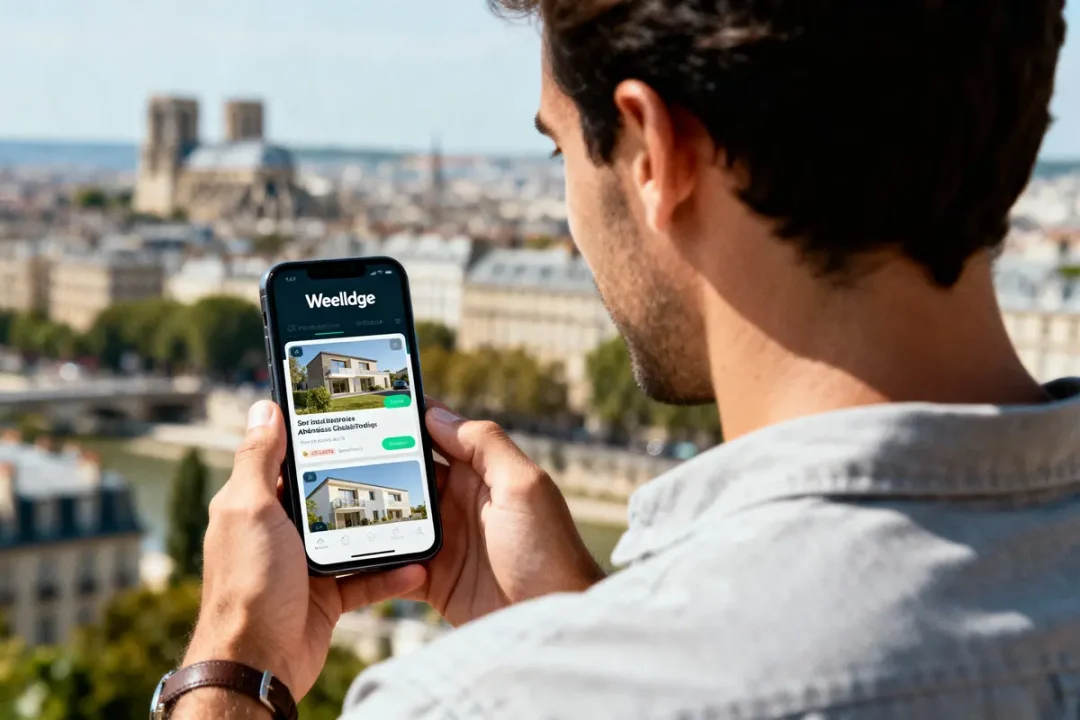 Un homme utilisant une application immobilière sur son téléphone à Paris avec la cathédrale en arrière-plan.