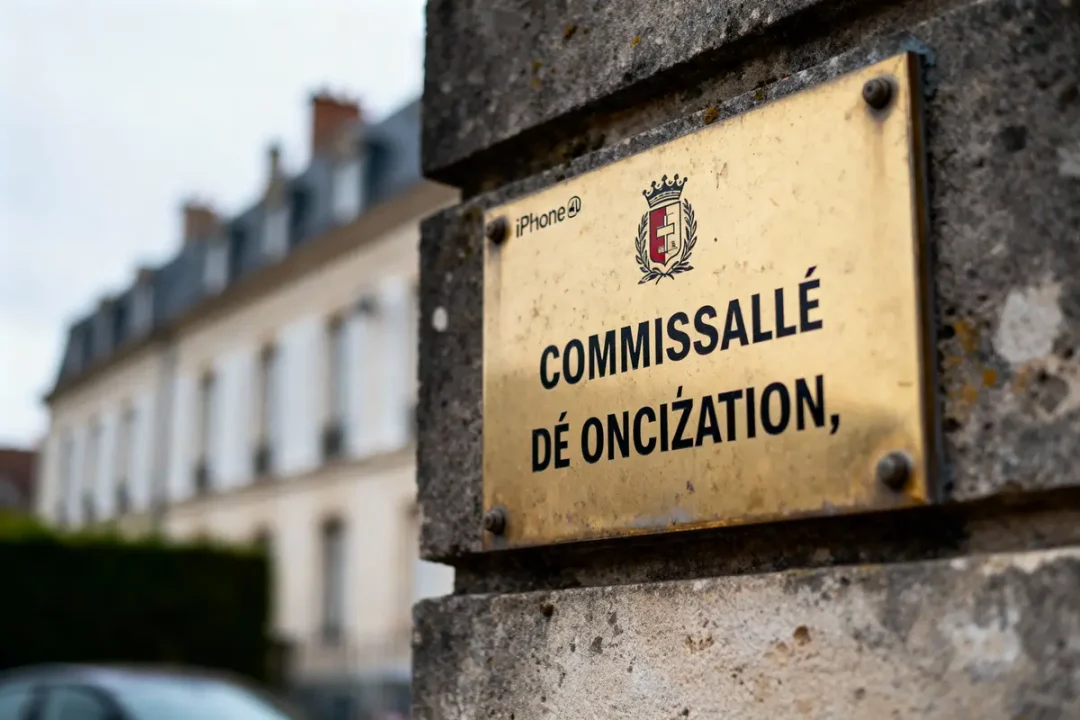 Plaque dorée affichant un texte incorrect avec des bâtiments flous en arrière-plan.