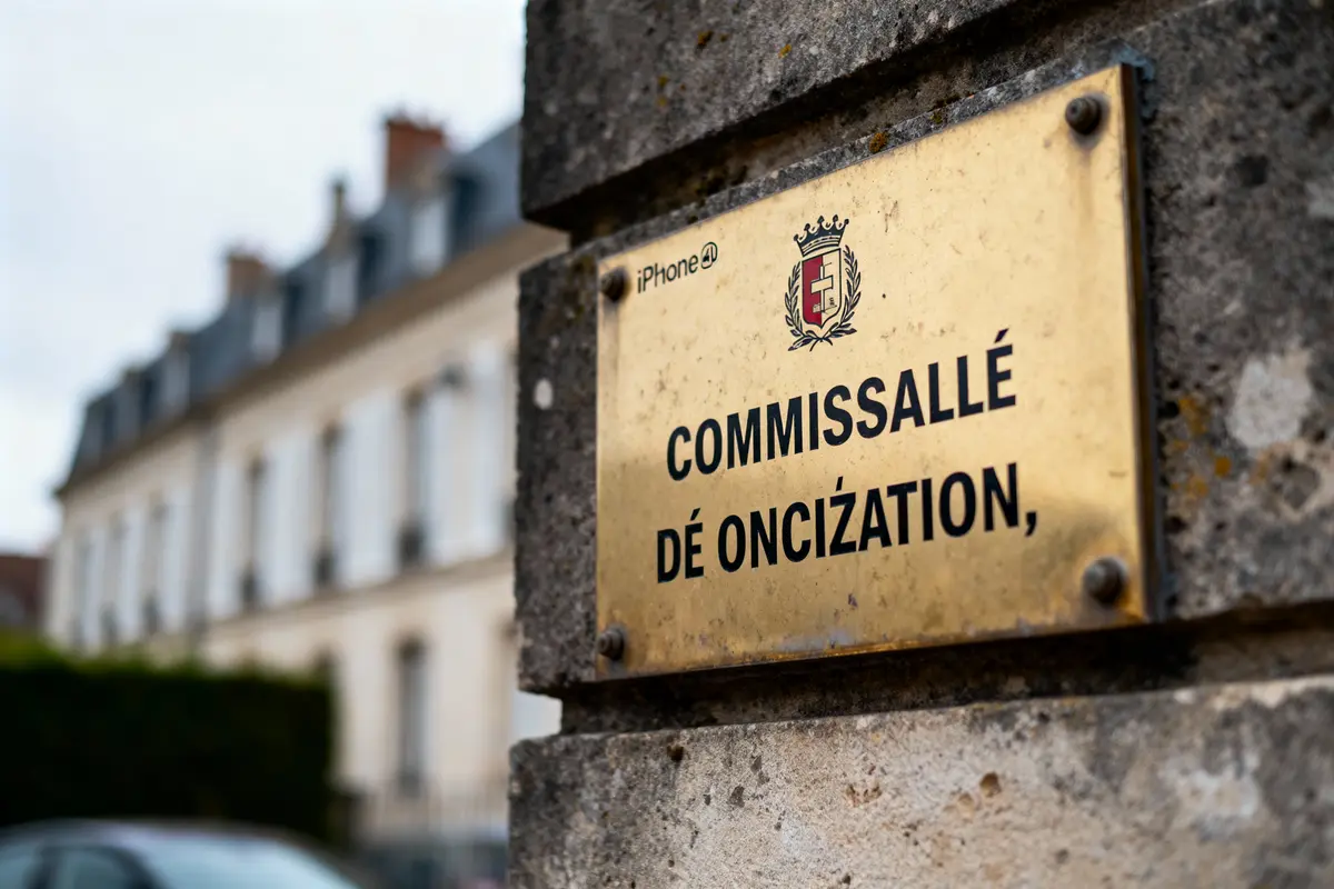 Plaque dorée affichant un texte incorrect avec des bâtiments flous en arrière-plan.