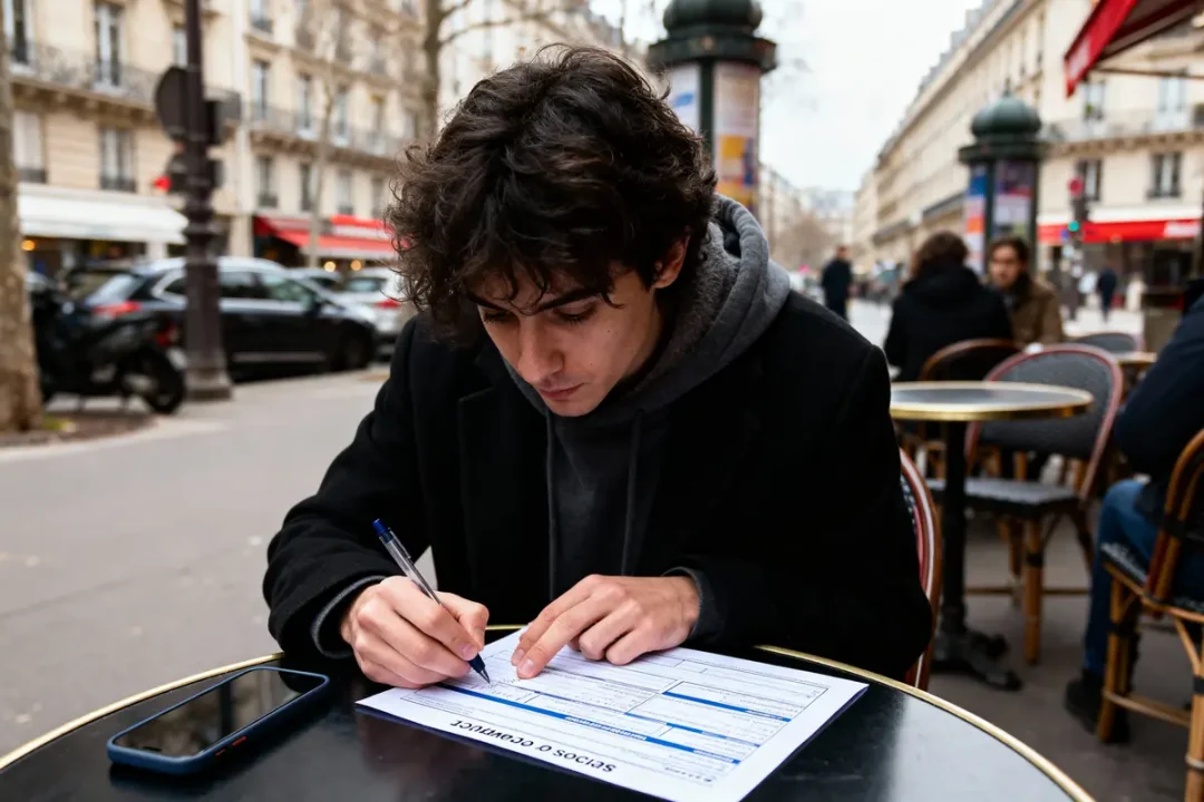 Jeune homme remplissant des documents à une terrasse de café parisienne, entouré de bâtiments haussmanniens.