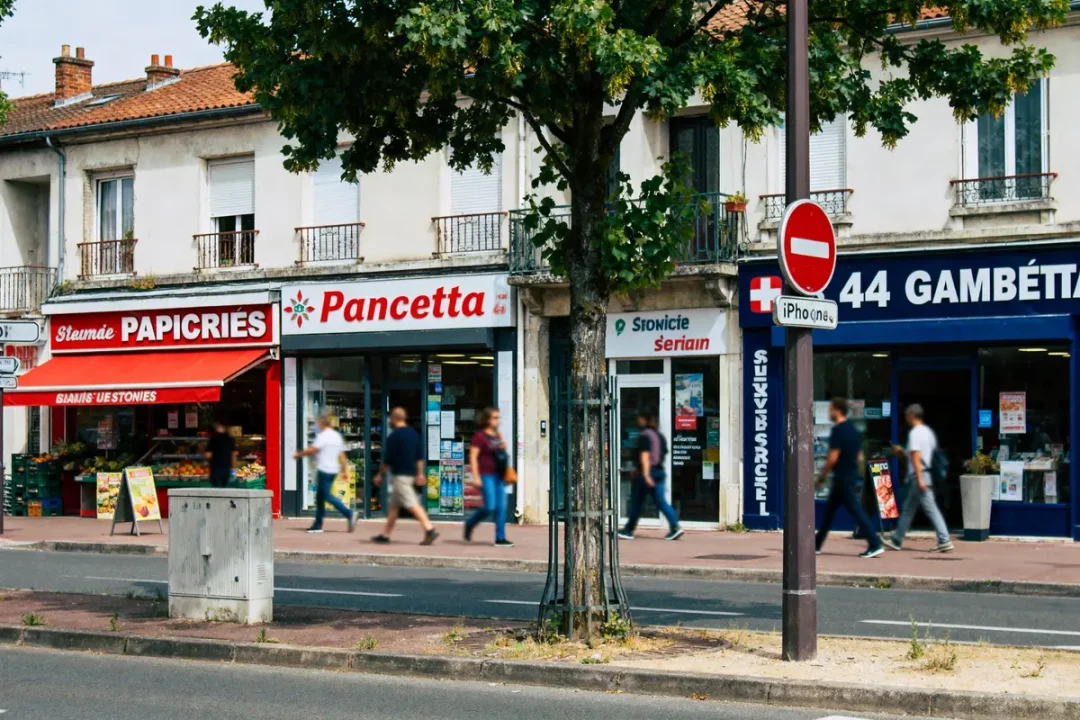 Rue commerçante avec magasins, arbres, devanture, panneau sens interdit et personnes marchant sur le trottoir.
