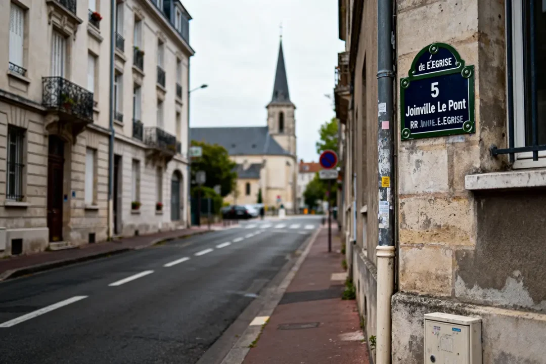 Rue calme avec bâtiments anciens, panneau Joinville Le Pont, église en arrière-plan, ciel nuageux.