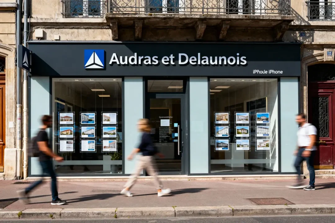 Façade d'agence immobilière "Audras et Delaunois", affiches en vitrine, passants flous, rue urbaine.