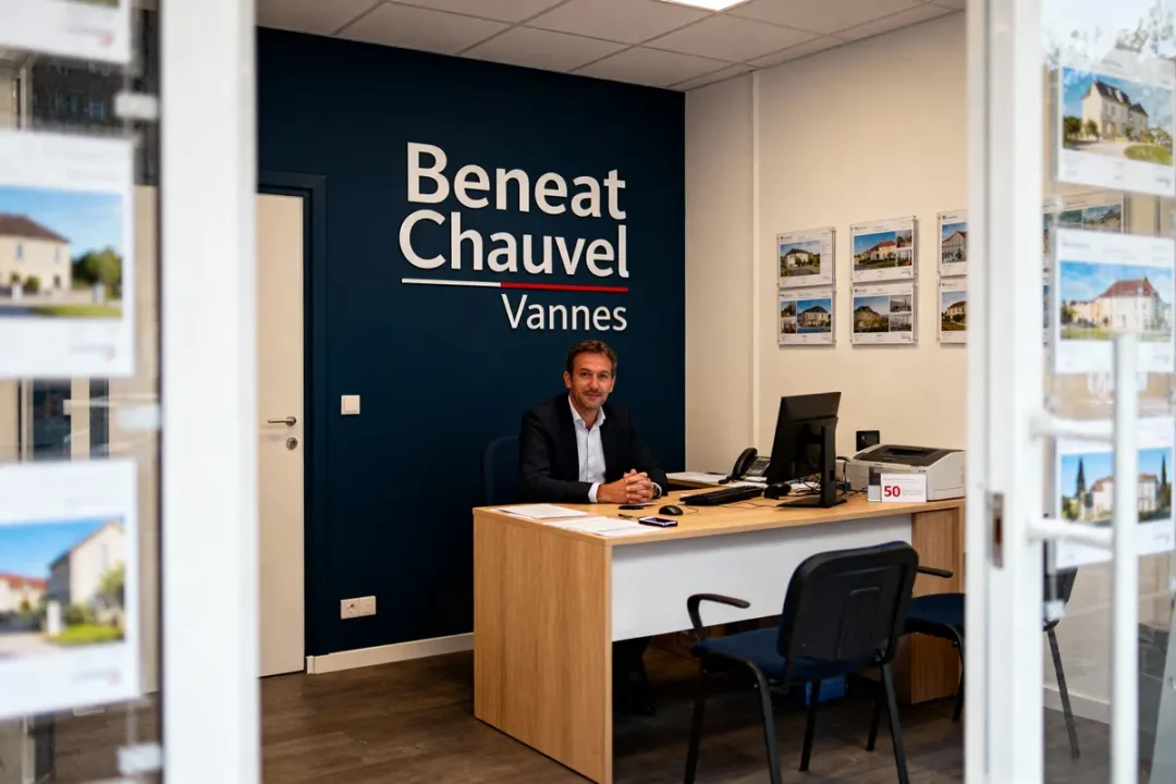 Homme assis à un bureau dans une agence immobilière moderne, Beneat Chauvel Vannes.