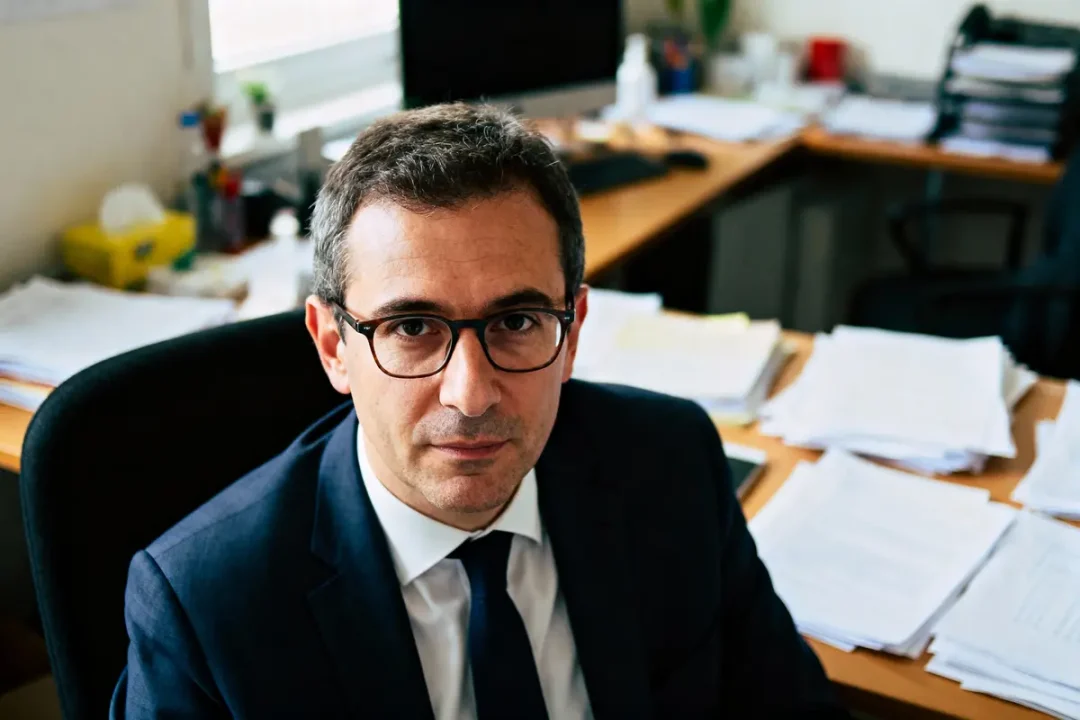 Homme en costume assis à un bureau, regardant la caméra, entouré de piles de documents.