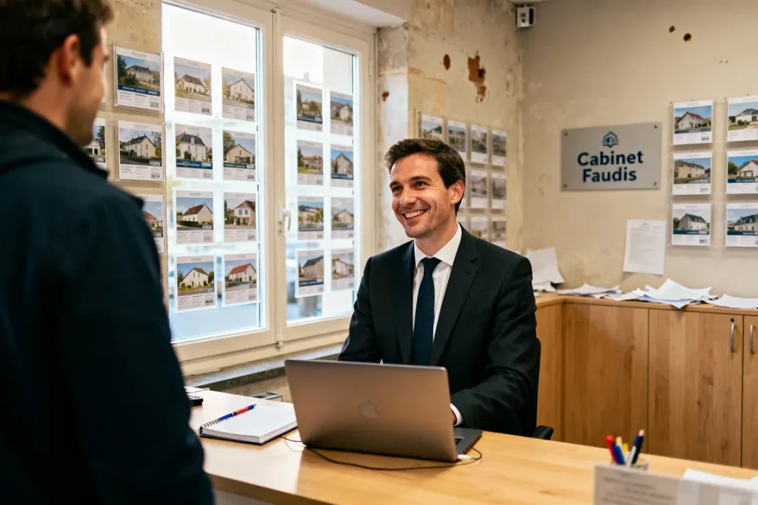 Agent immobilier souriant, assis à un bureau avec ordinateur, parle à un client dans une agence immobilière.