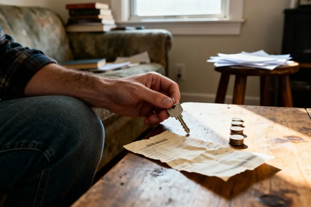 Une main tenant des clés près de factures et pièces sur une table en bois.
