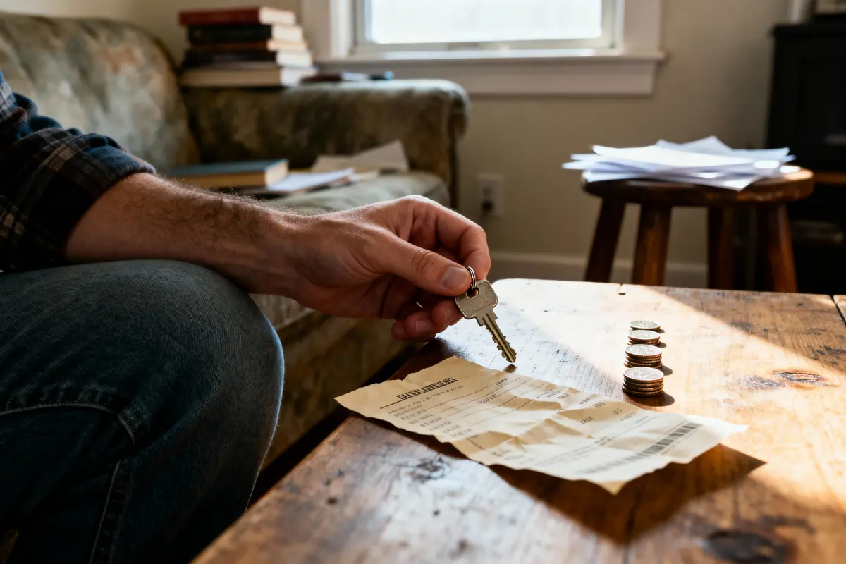 Une main tenant des clés près de factures et pièces sur une table en bois.